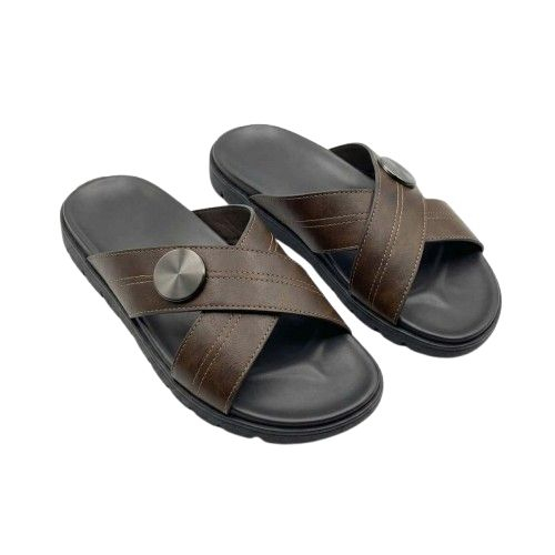 Mens Brown Criss Cross Strap Leather Slides with Circular Metallic Accent