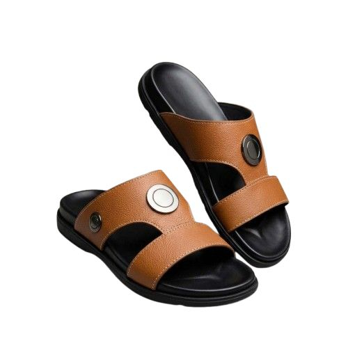 Mens Brown Dual Strap Slide Sandals