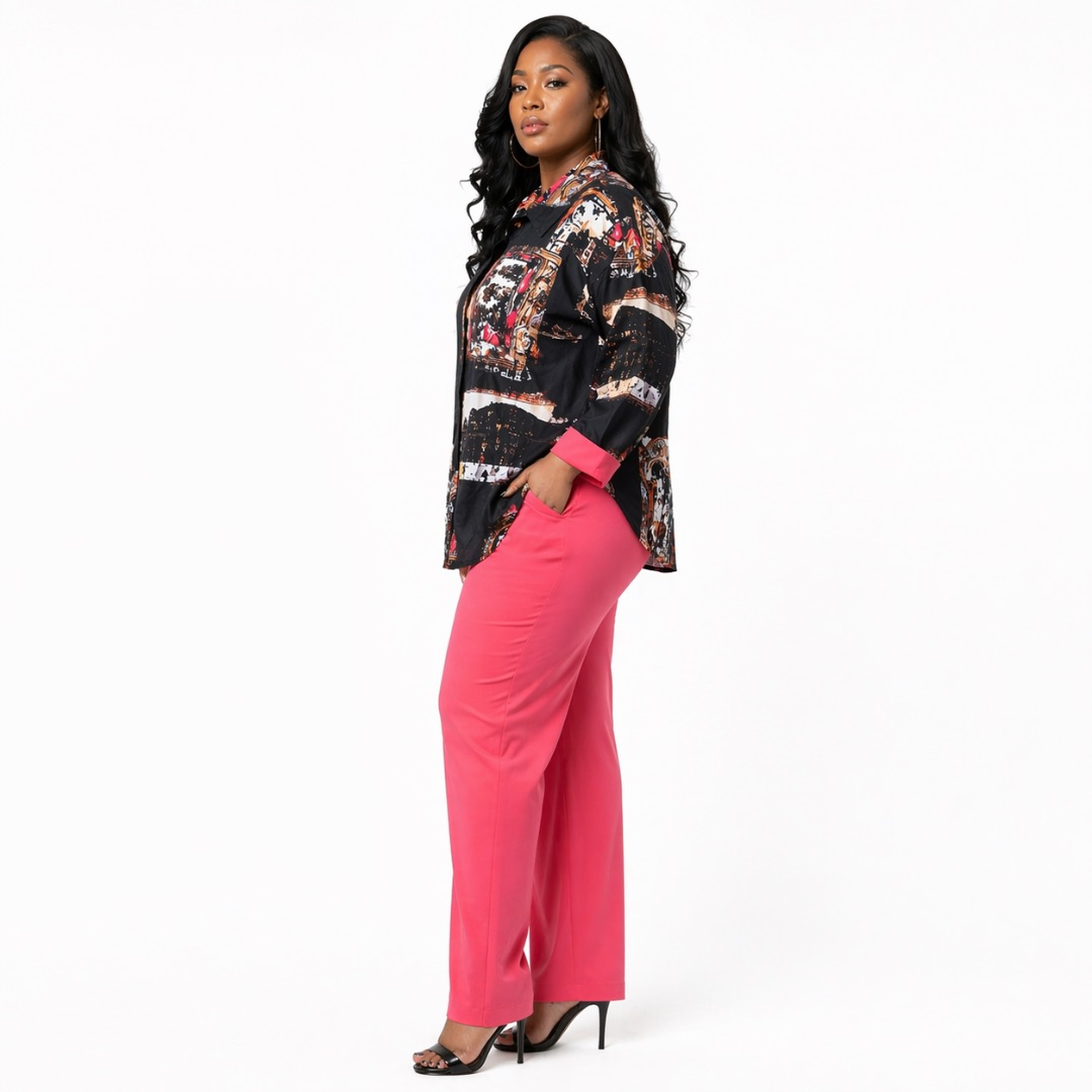 Printed Button Up Shirt & Pink Straight Leg Pants Two Piece Set