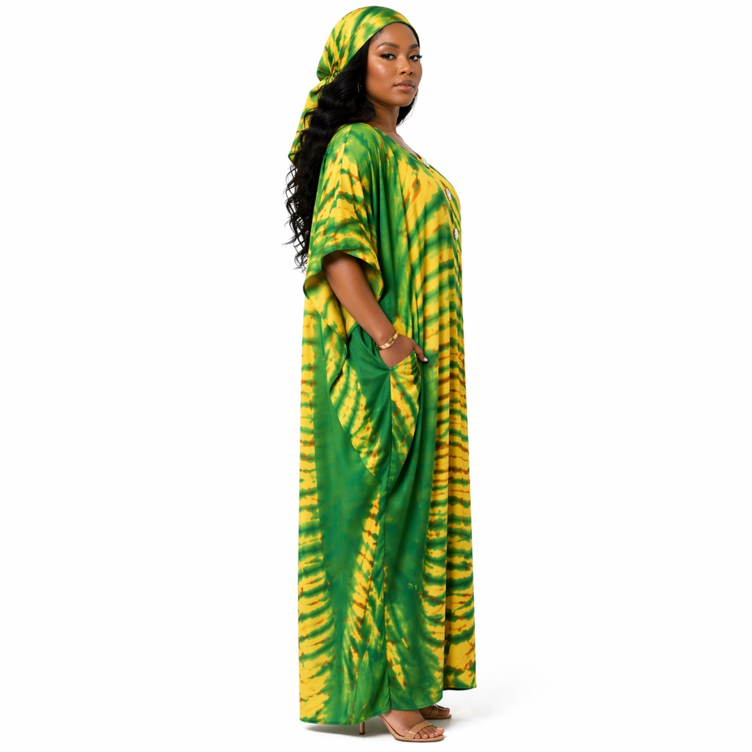 Womens Green & Yellow Tie Dye Maxi Kaftan Dress with Choker Neck Detail