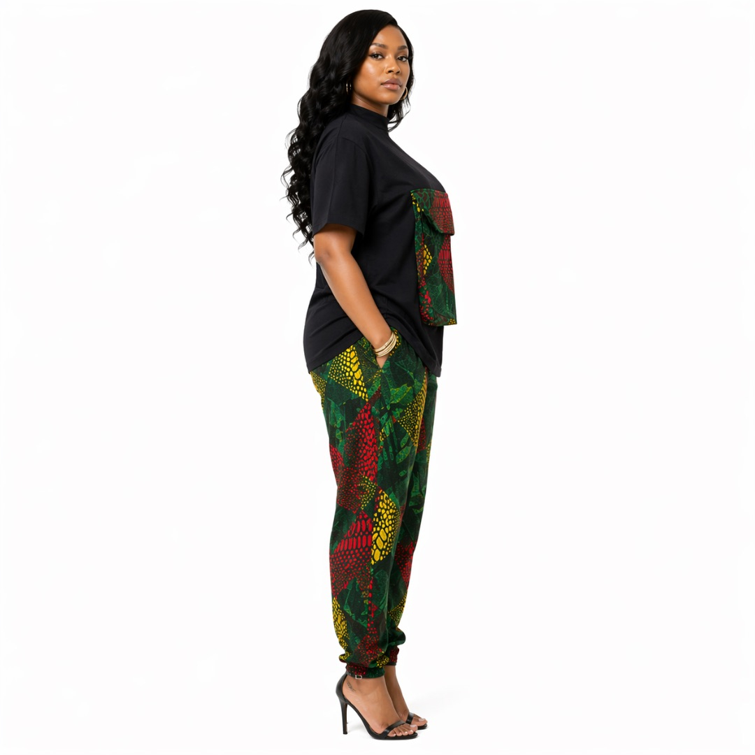 Womens African Print Two Piece Set Black Oversized Top & Multicolor Jogger Pants