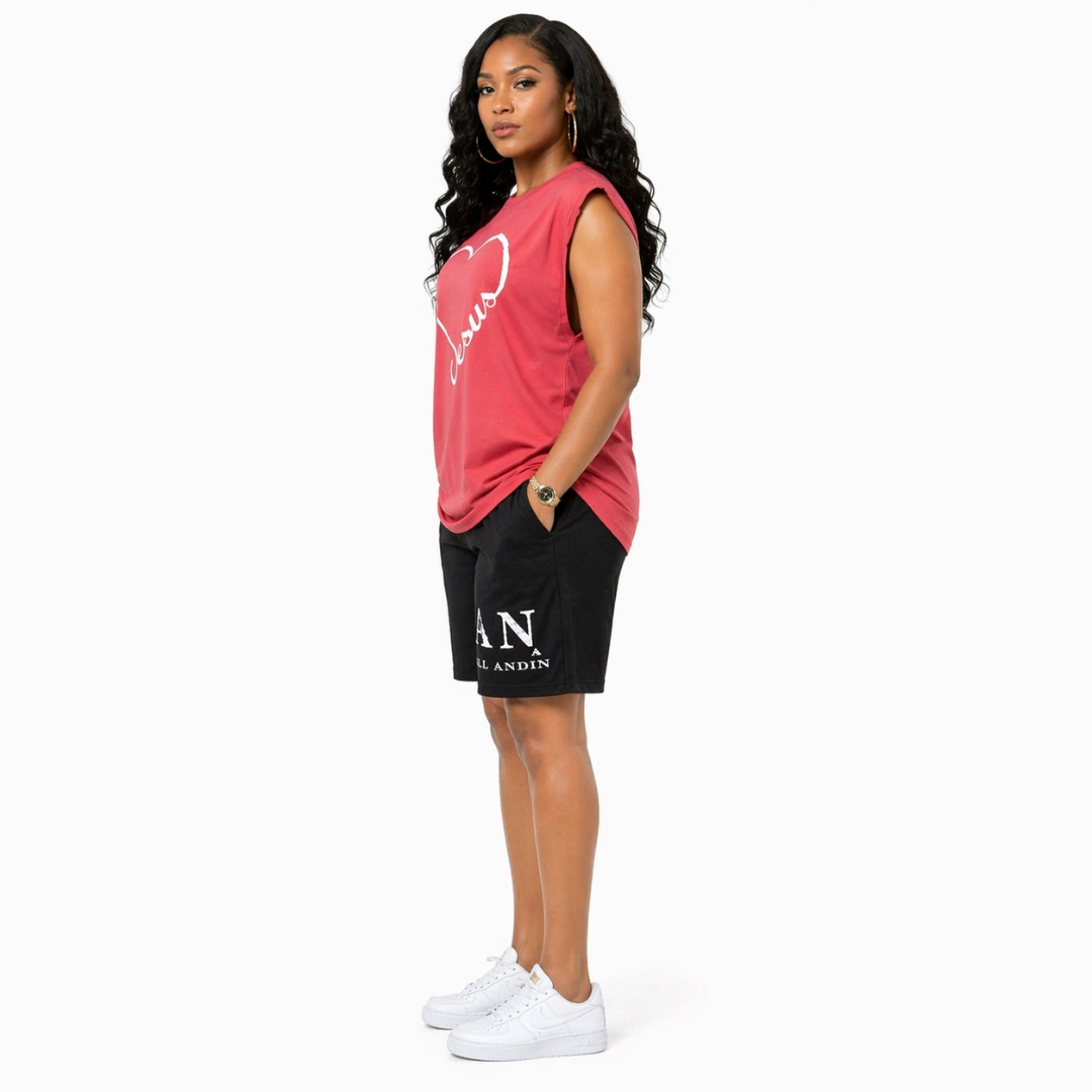 Red Love Print Sleeveless Casual Top and Black Lounge Shorts Set