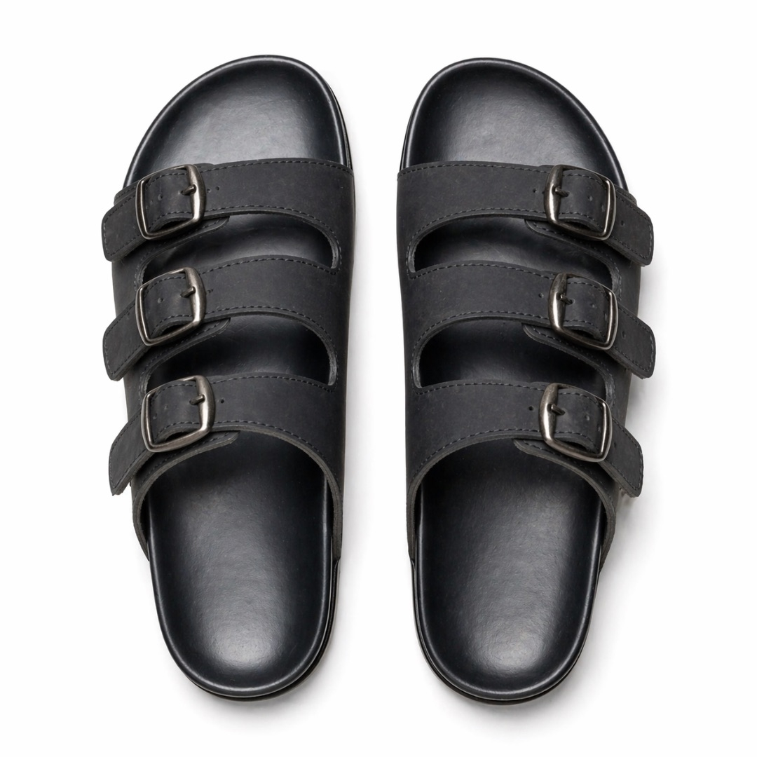 Classic Black Triple Strap Buckle Leather Slide Sandals