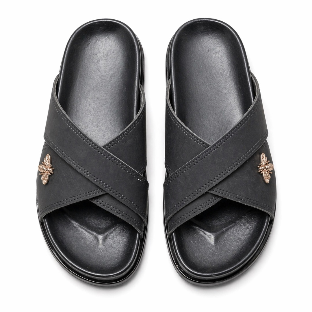 Minimal Black Cross Strap Leather Slide Sandals