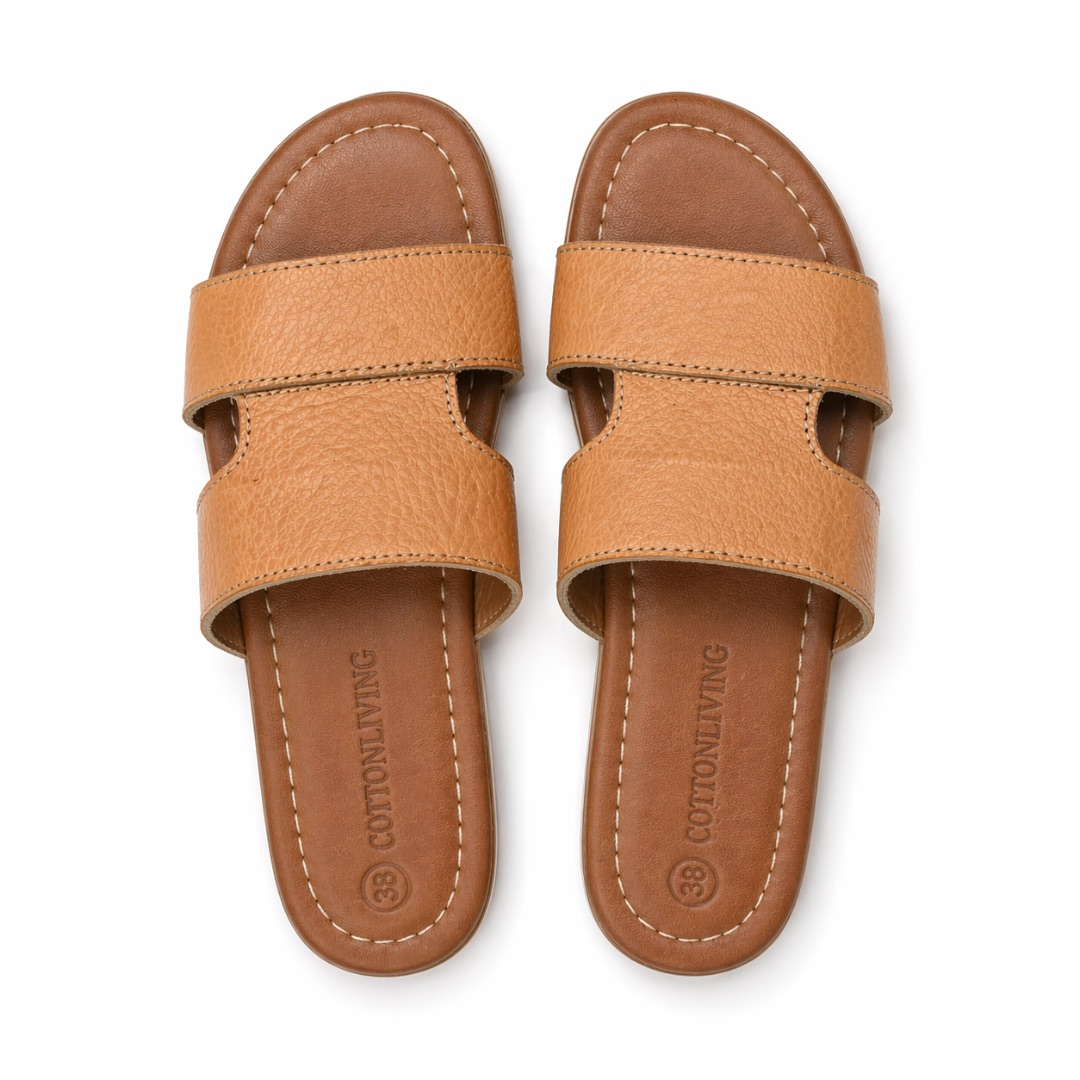 Classic Tan Brown  Dual Strap Textured Leather Slide Sandals