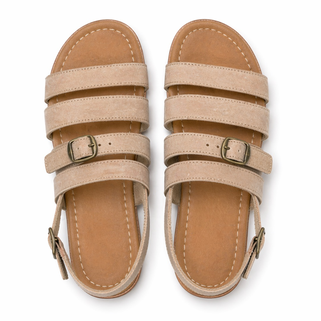 Elegant Nude Beige Multi Strap Buckle Leather Sandals