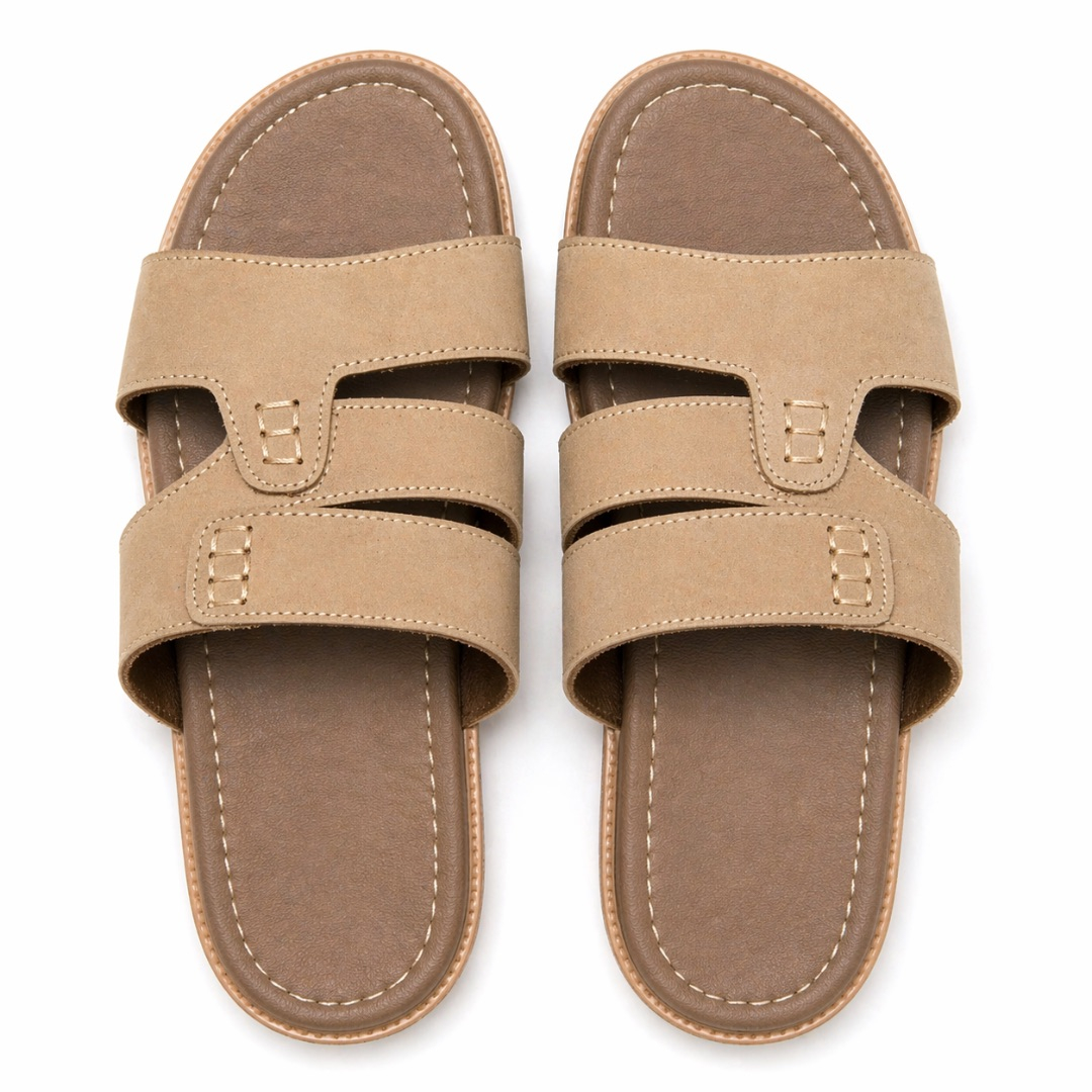 Classic Sand brown Double Strap Cut Out Leather Slide Sandals