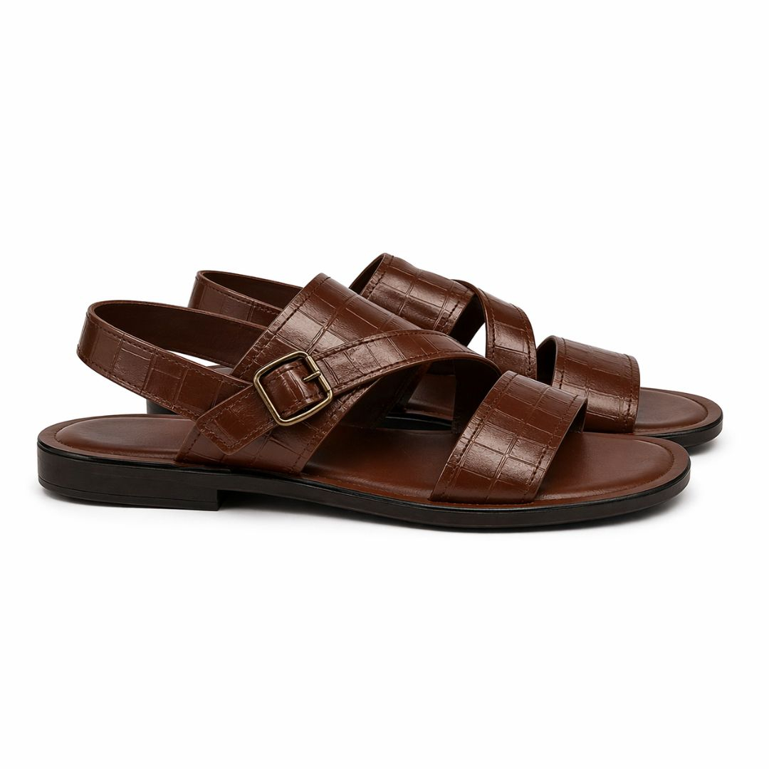 Mens Premium Brown Croc Texture Buckle Strap Sandals