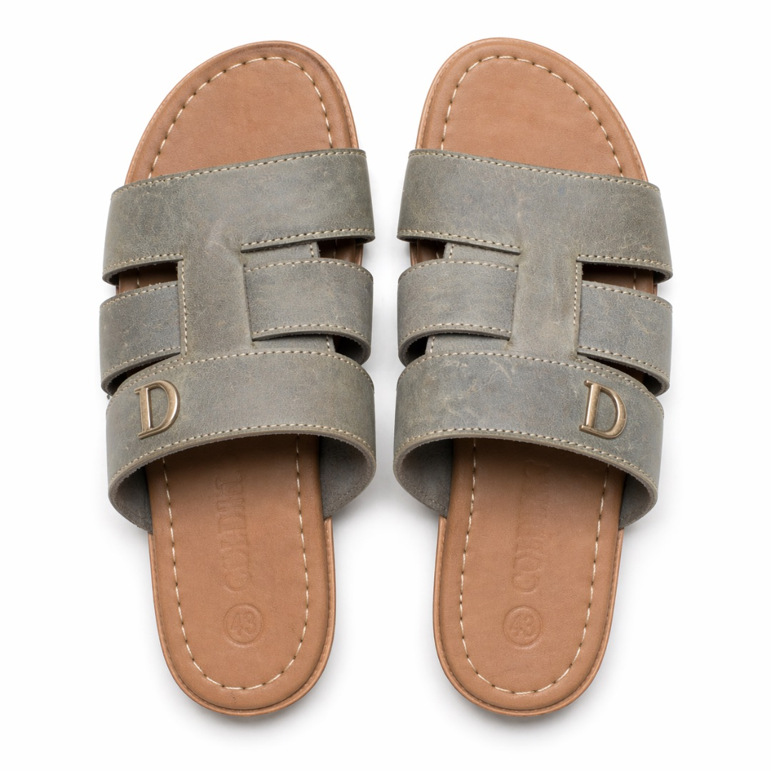 Premium Olive Green Dual Strap Metal Accent Leather Slide Sandals