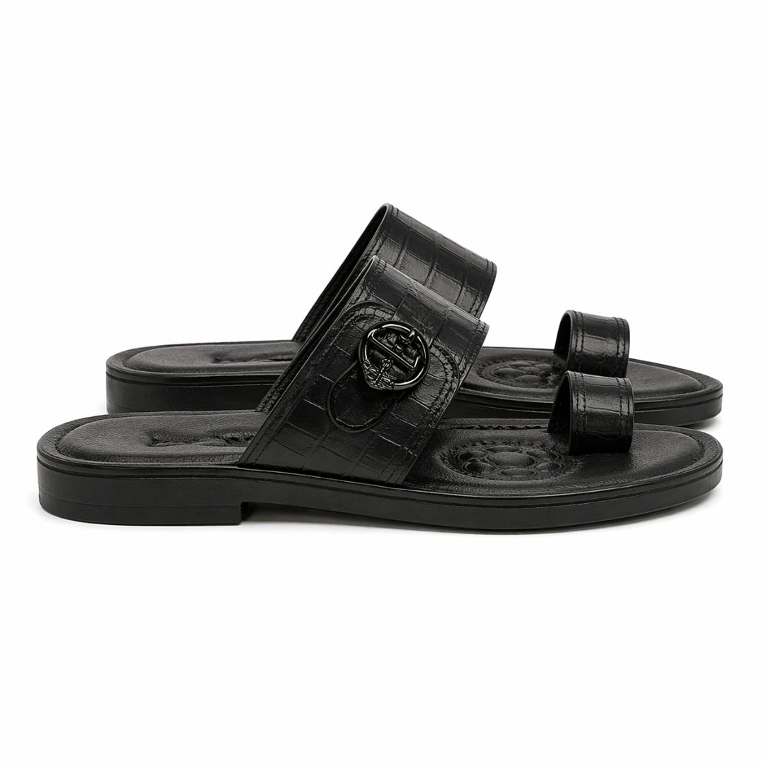 Premium Black Textured Leather Slide Sandals