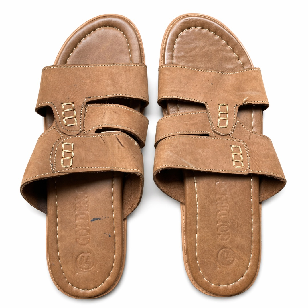 Classic Deep Brown Double Strap Cut Out Leather Slide Sandals