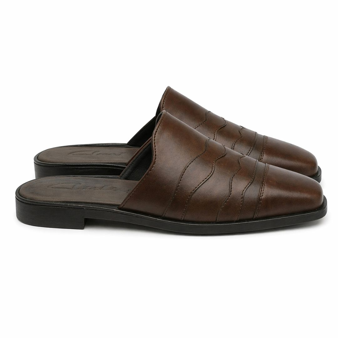 Mens Brown Leather Slip On Mule Loafers