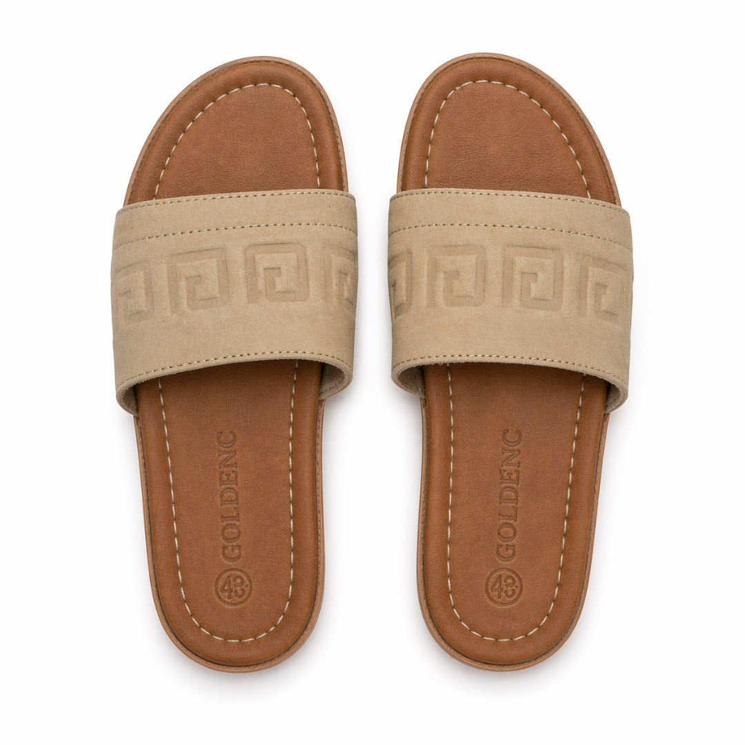 Classic sand Beige Embossed Wide Strap Leather Slide Sandals