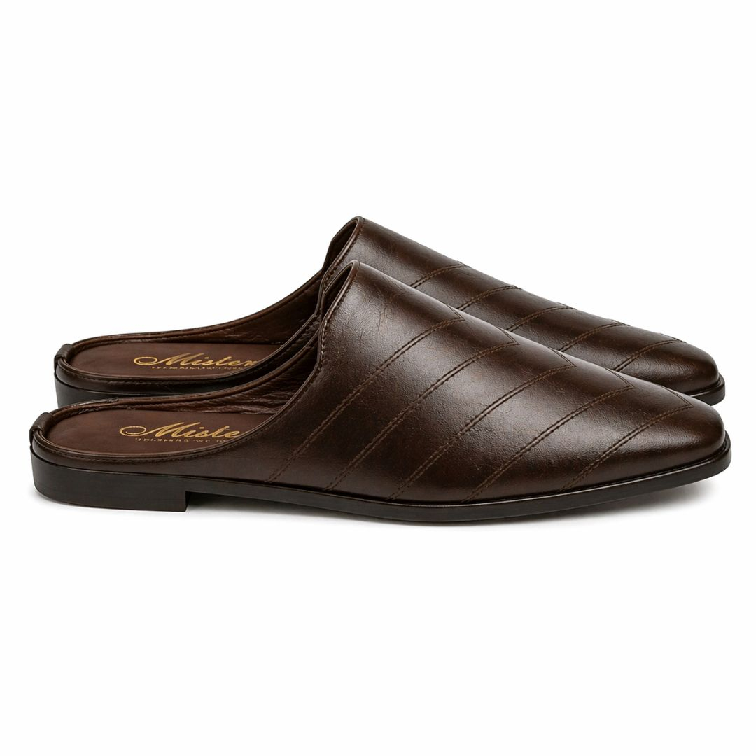 Mens Brown Leather Slip On Mule Shoes