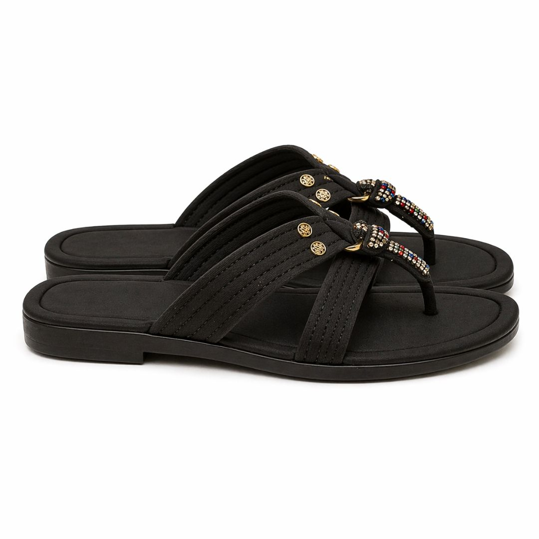 Black Rhinestone Cross Toe Sandals