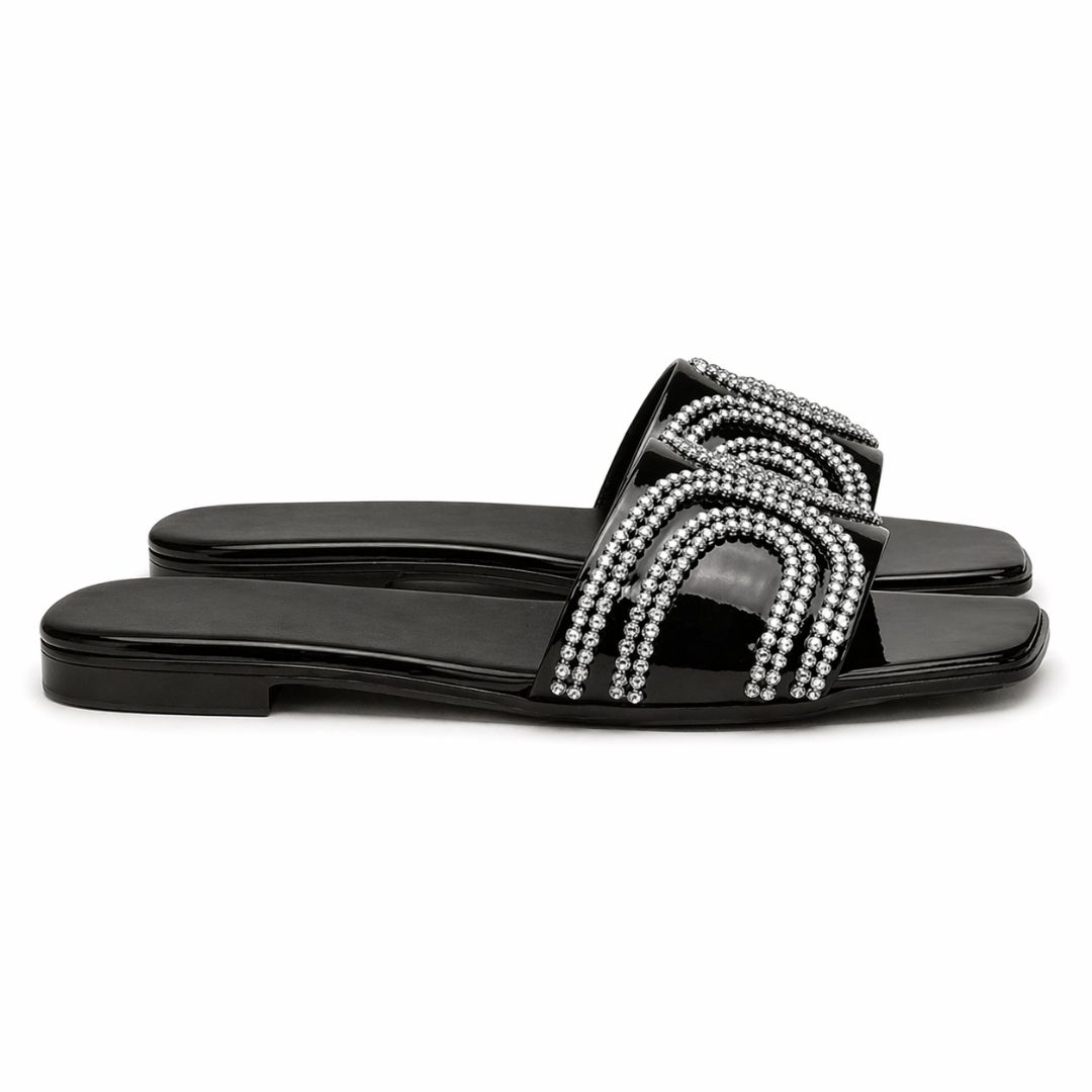 Black Glossy Slide Sandals with Silver Rhinestone Straps