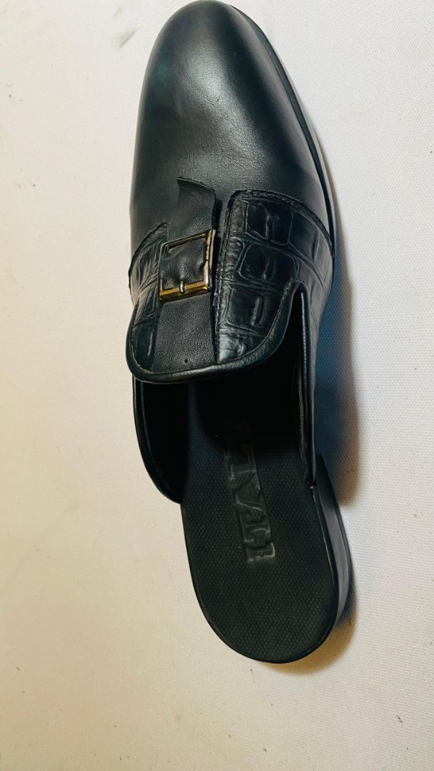 Mens Black Croc Embossed Buckle Mule Loafers