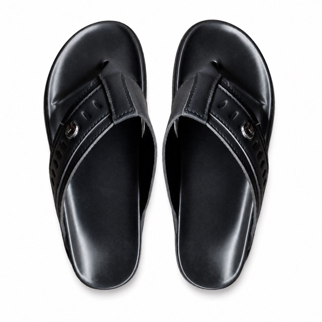 Minimal Black Perforated Strap Leather Slide Sandals