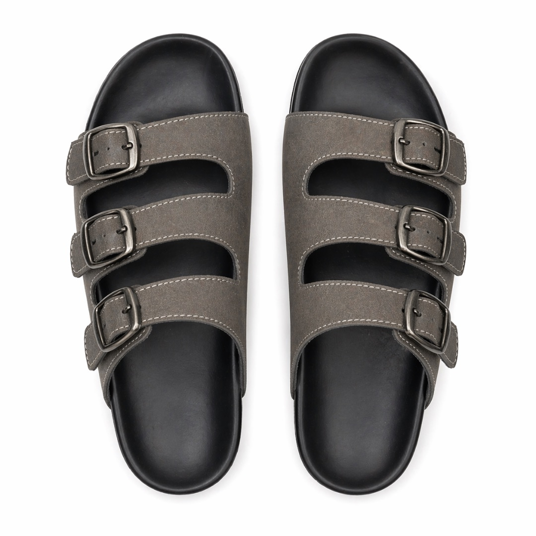 Charcoal Grey Triple Buckle Cut Out Leather Slide Sandals