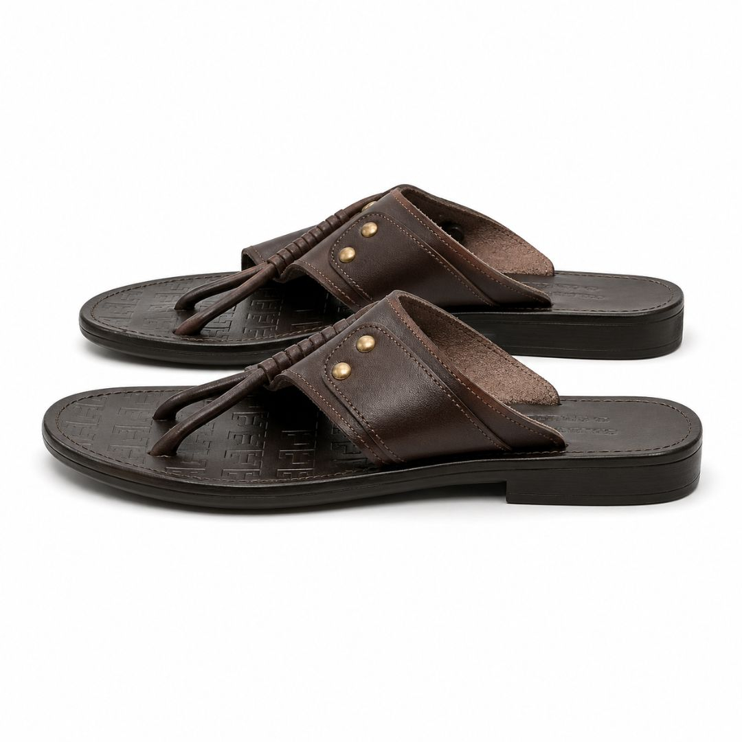 Quality Men Dark Brown Leather Toe Loop Sandals with Stud Detail