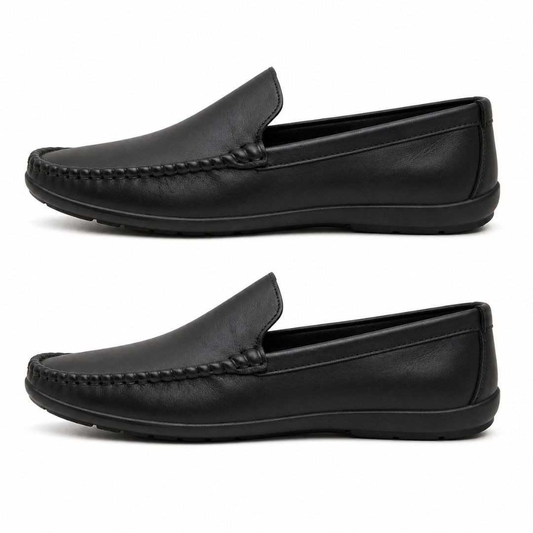 Classic Black Textured Sole Slip On Loafers