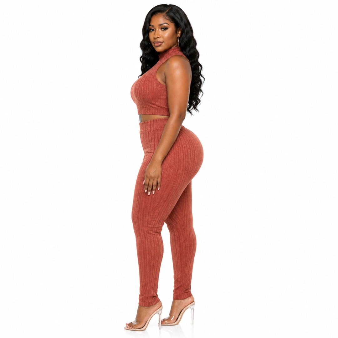 Womens Ribbed Two Piece Pant Set      Sleeveless Crop Top and High Waist Trousers    Rust Brown