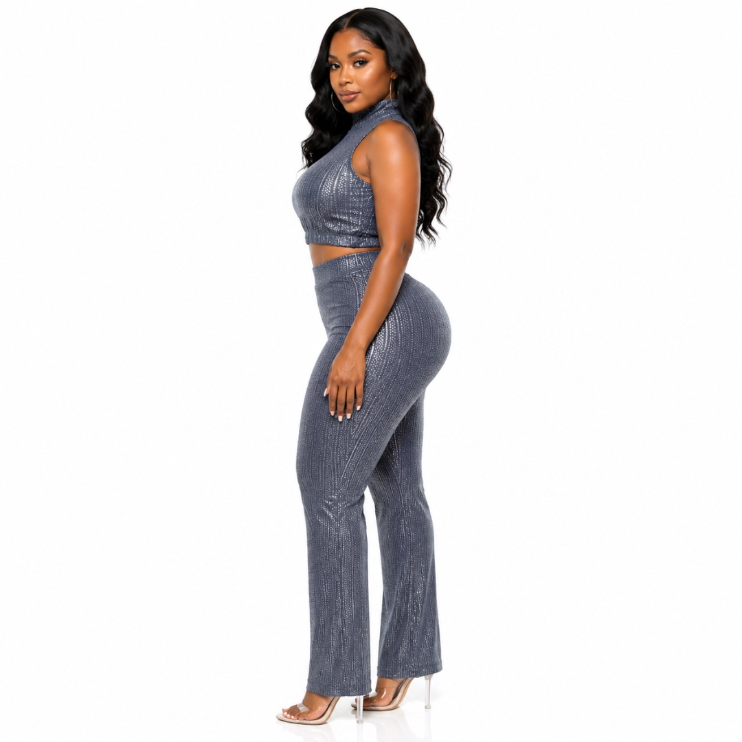 Womens Ribbed Glitter Two Piece Pant Set        Sleeveless Crop Top and High Waist Trousers     Charcoal Grey