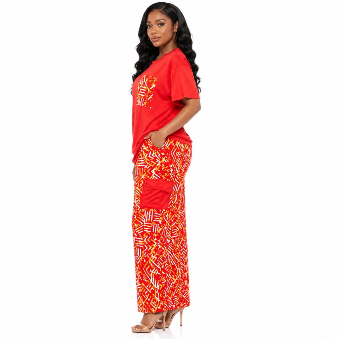 Womens Ankara Lounge Set     Short Sleeve Top and Wide Leg Pants    Red Print