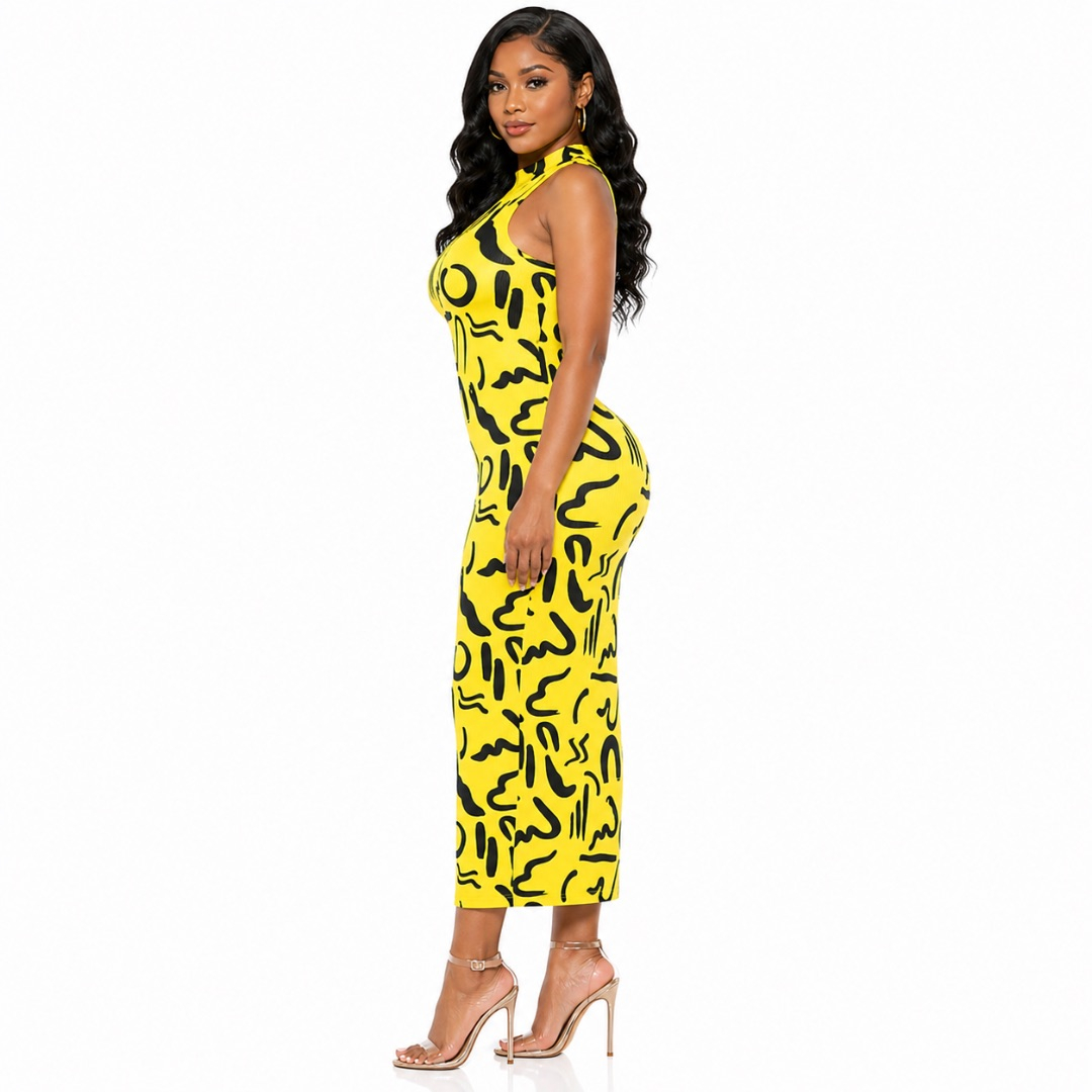 Womens Printed Bodycon Midi Dress      Sleeveless High Neck Dress    Yellow and Black