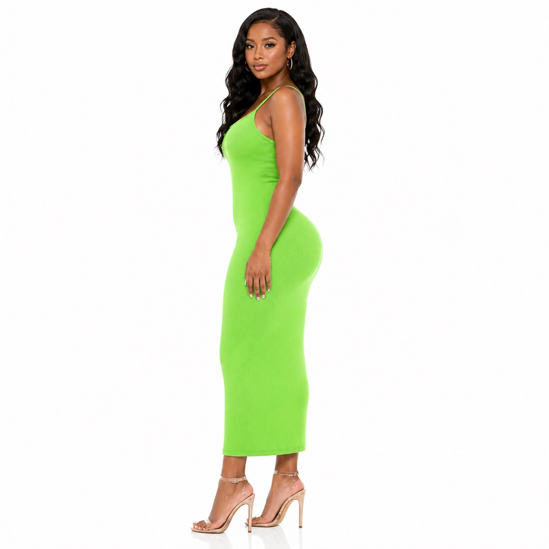 Womens Ribbed Bodycon Midi Dress      Sleeveless Spaghetti Strap Dress    Green