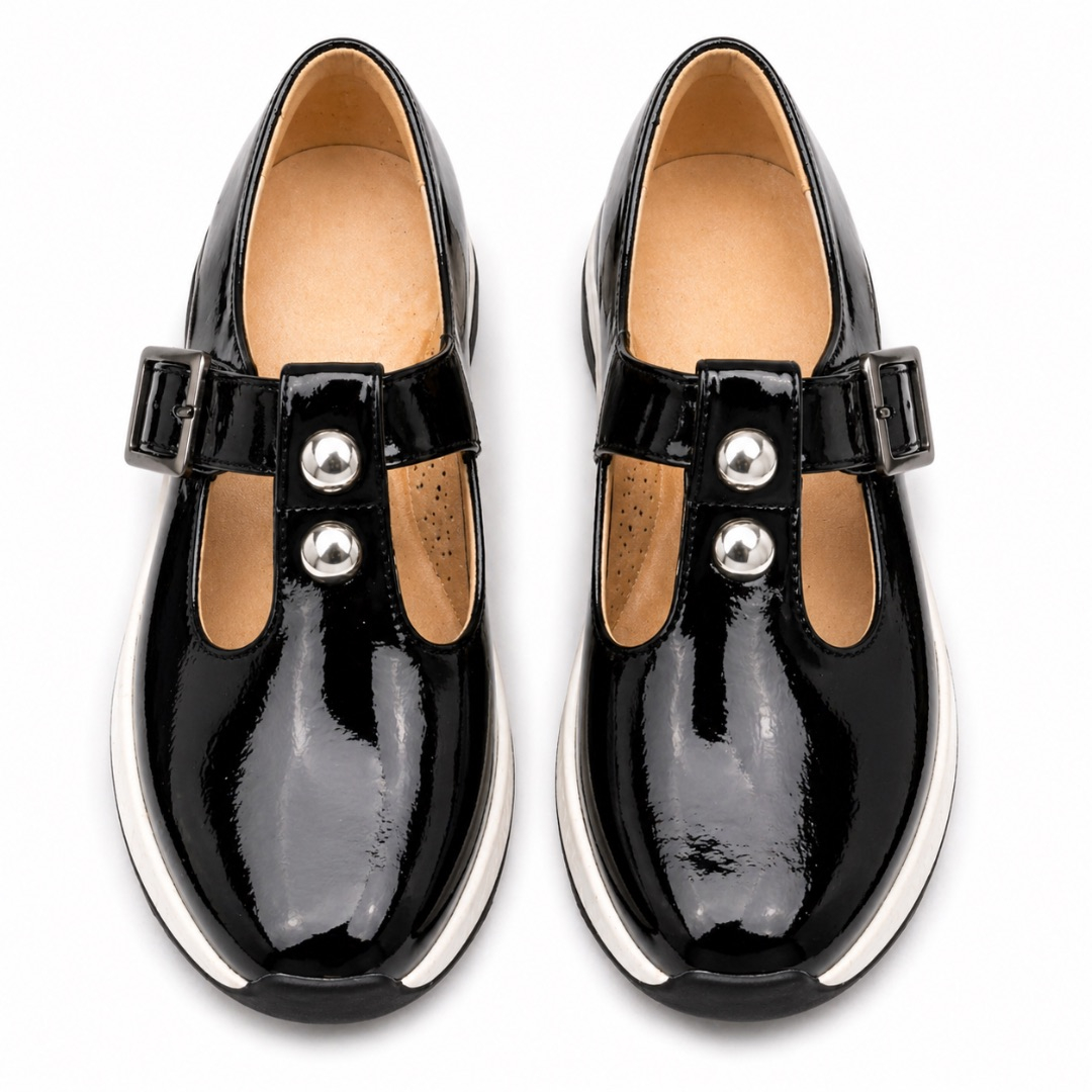 Quality Glossy Black TStrap Buckle Shoes
