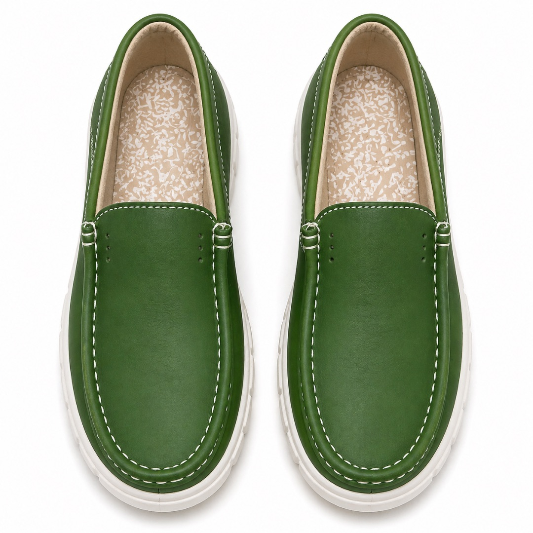 Vibrant Green Slip On Moccasin Loafers with white sole