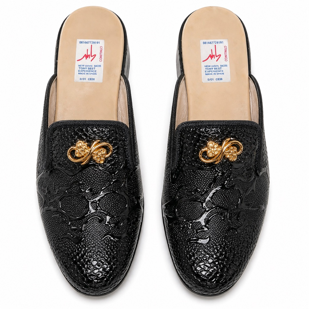 Glossy Black Embossed Slide Loafers