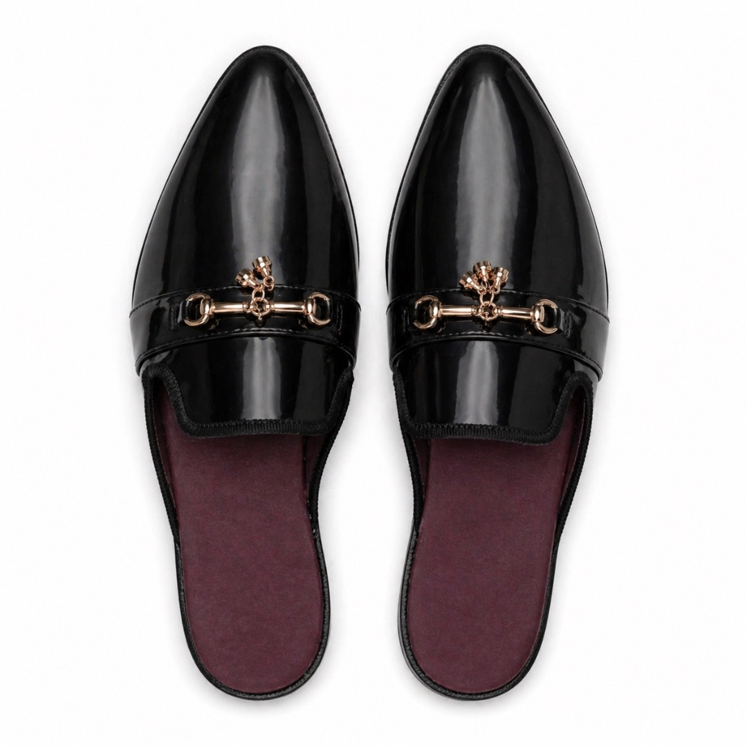 Glossy Black Pointed Mule Loafers
