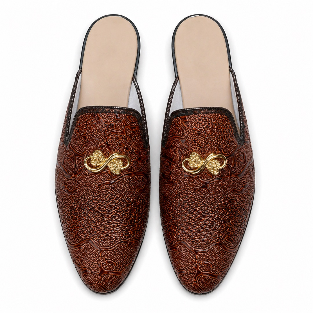 Embossed Brown Mule Loafers