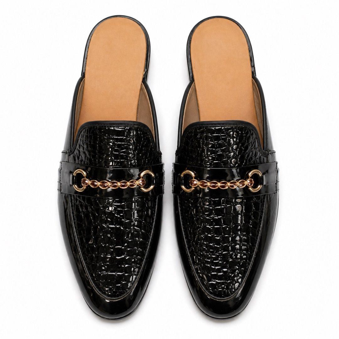 Glossy Black Croc Mule Loafers