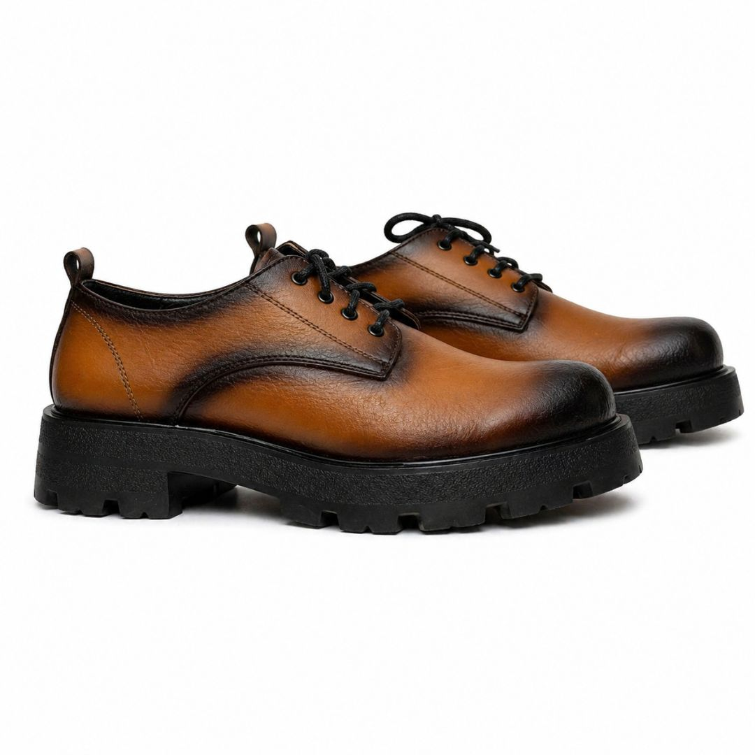 Men Brown Leather Lace Up Shoes with Chunky Sole