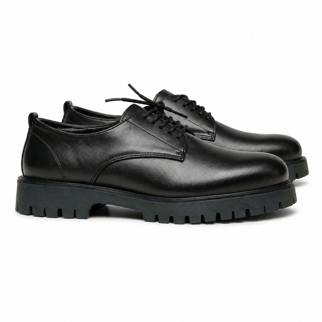 Mens Premium Black Leather Lace Up Chunky Sole Shoes