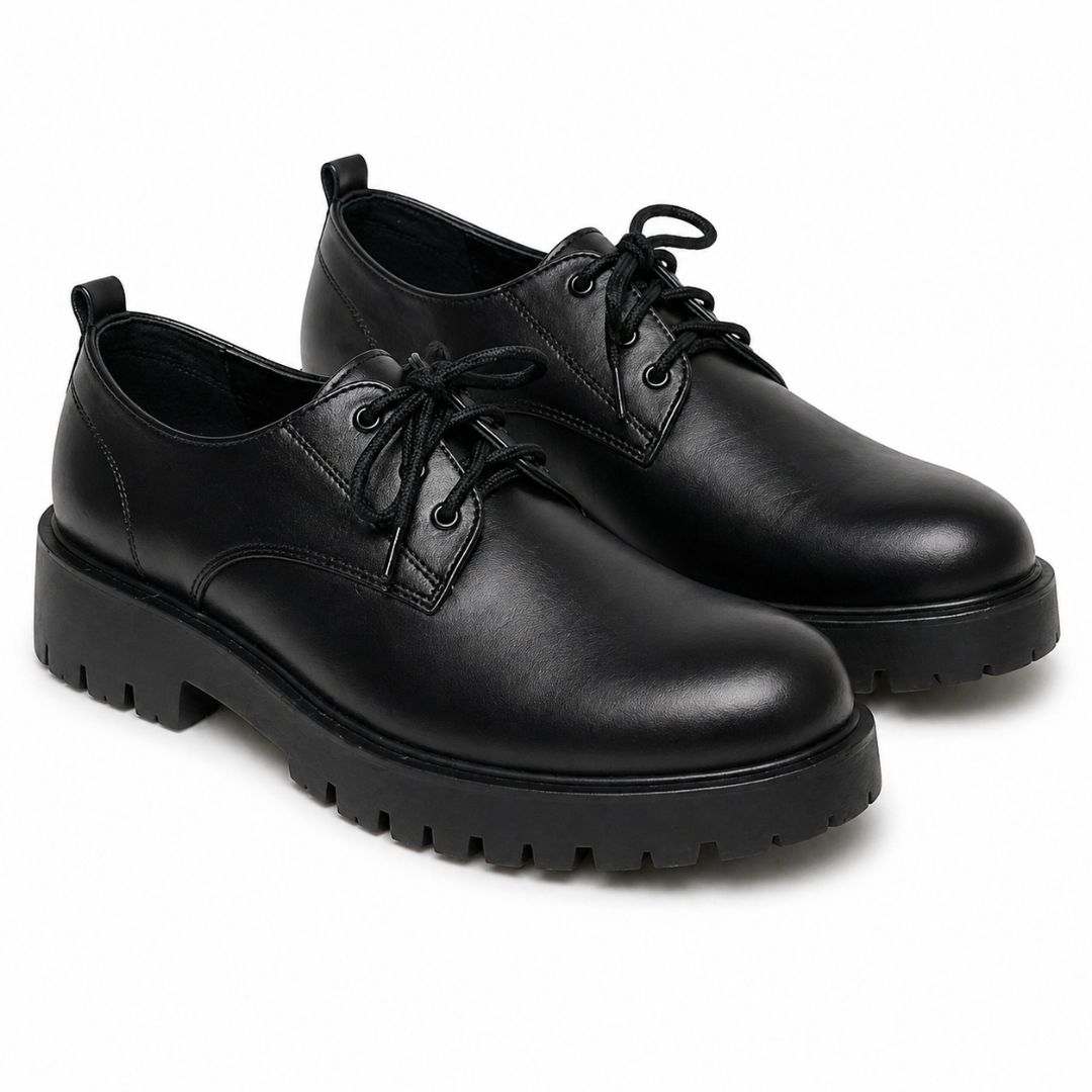 Mens Premium Black Leather Lace Up Chunky Sole Shoes