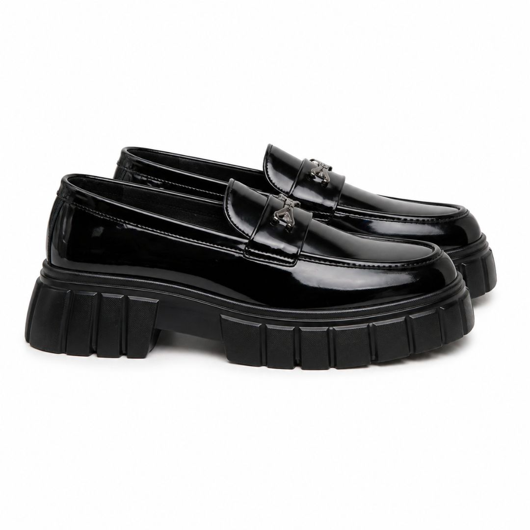 Men Glossy Black Chunky Sole Loafers