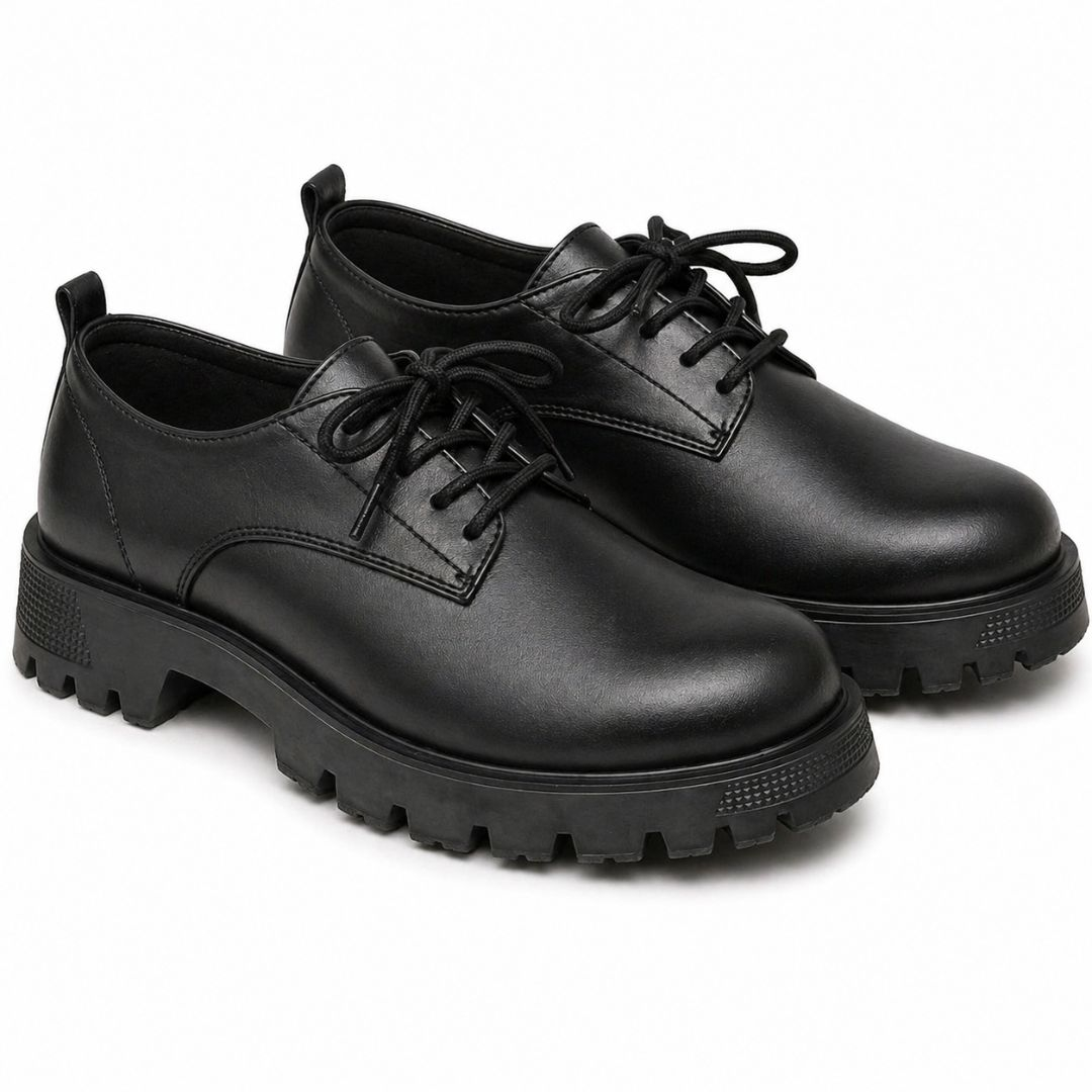Mens Classic Black Leather Lace Up Chunky Sole Shoes