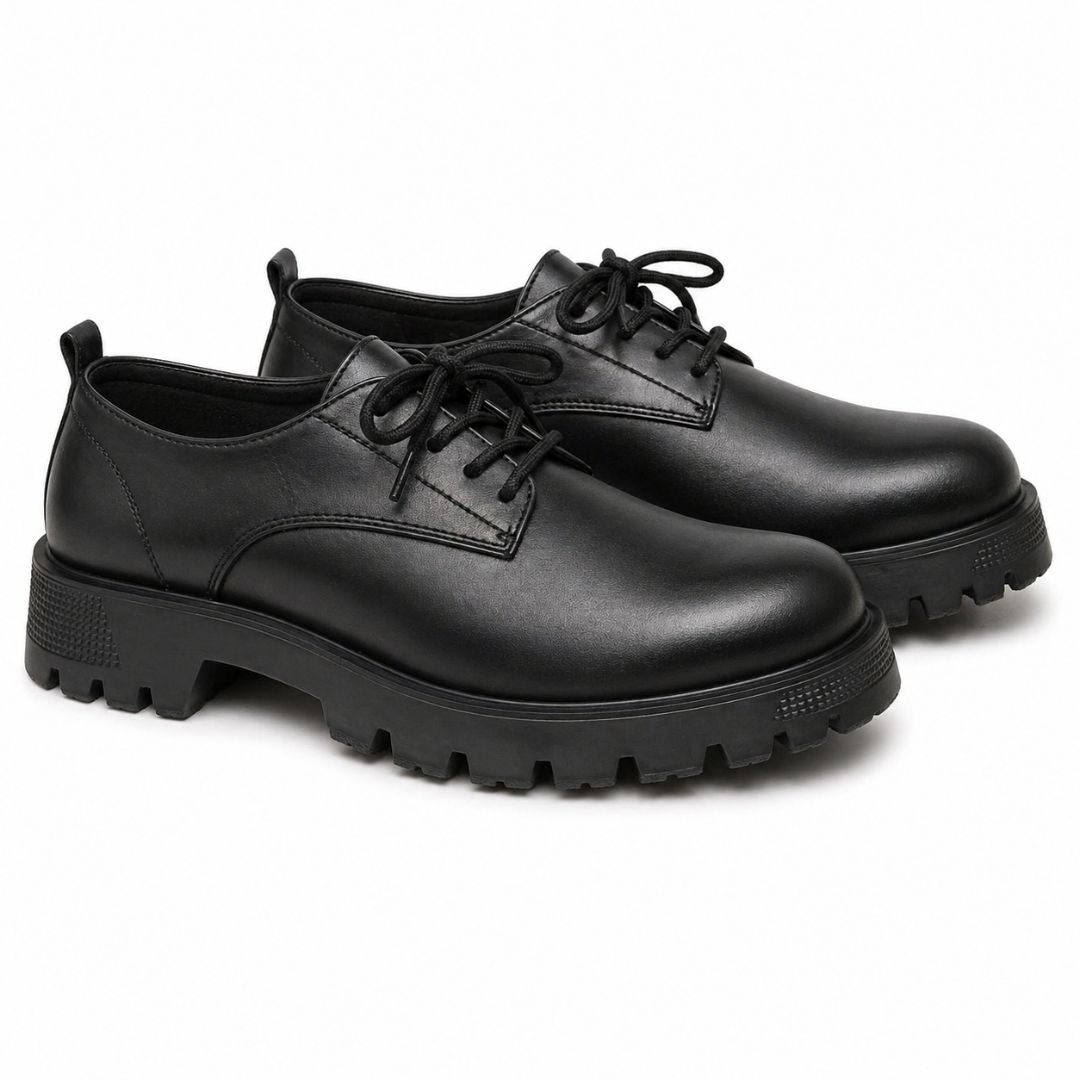Mens Classic Black Leather Lace Up Chunky Sole Shoes