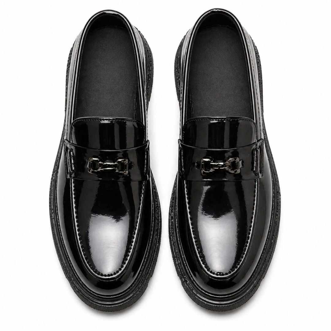 Mens Black Patent Leather Chunky Sole Loafers