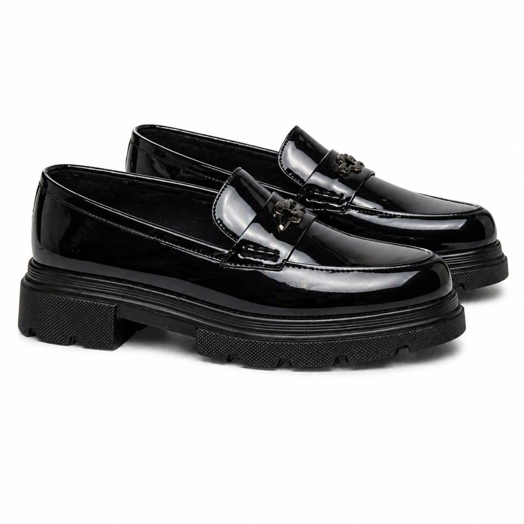 Mens Black Patent Leather Chunky Sole Loafers