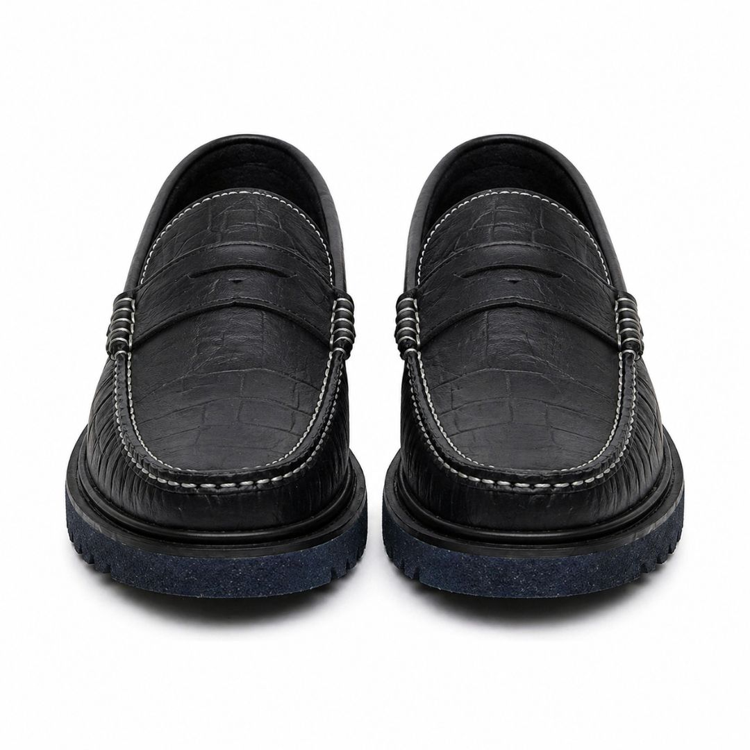 Mens Black Leather Moccasin Loafers with Chunky Sole