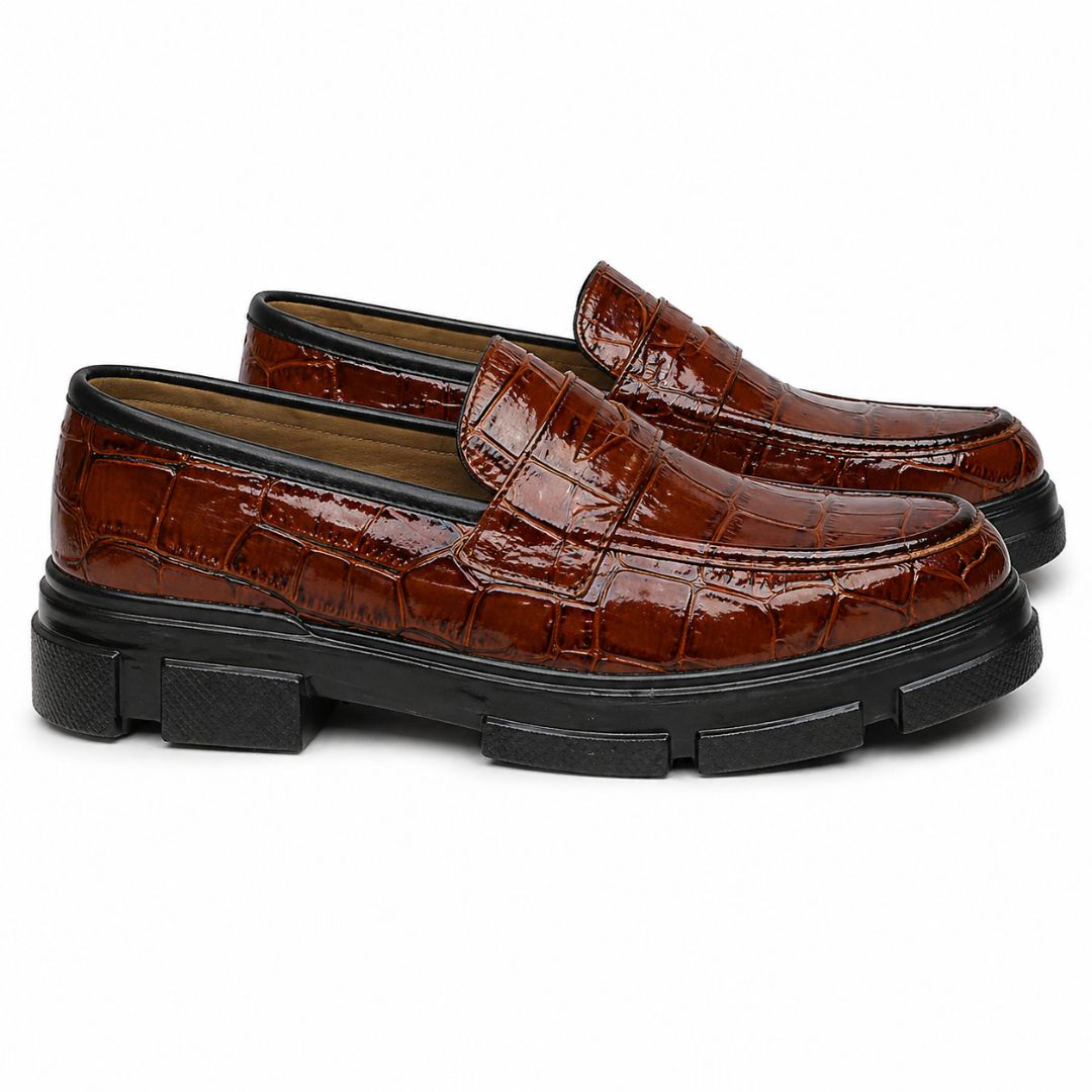 Mens Glossy Crocodile Pattern Leather Loafers