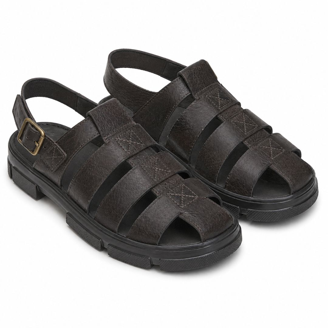 Mens Black Leather Sandals with Durable Sole