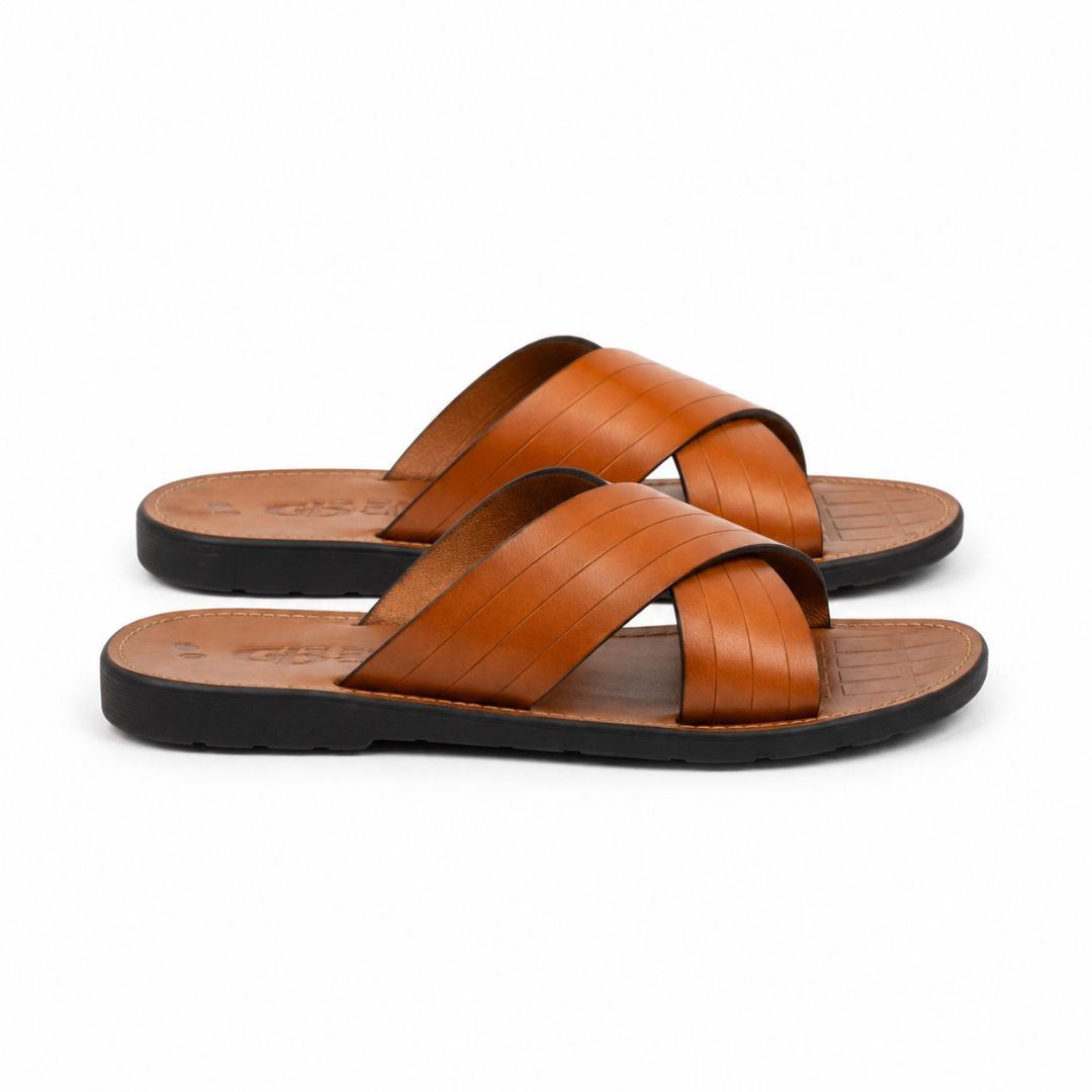 Striped Tan Criss Cross Leather Slide