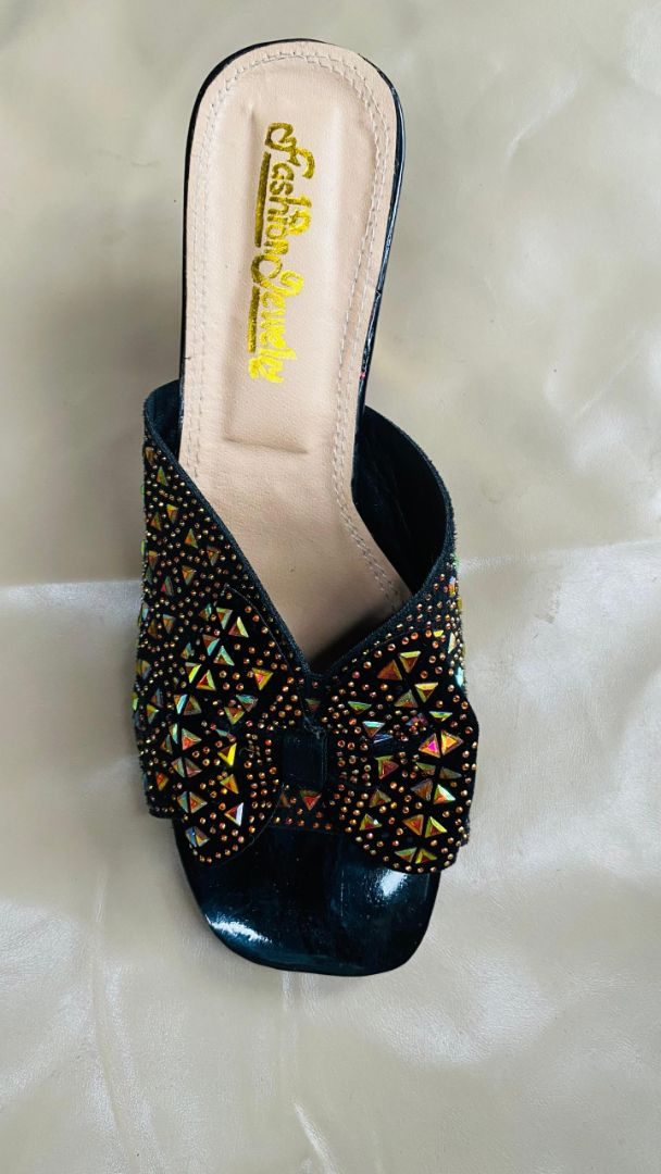 Elegant Black Crystal Bow Block Heel Mules