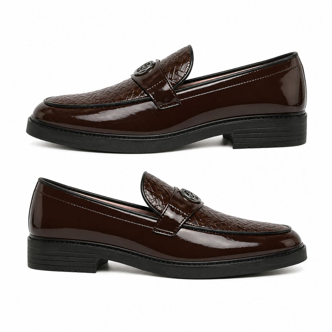 Stylish Brown Patent Leather Loafers with Embossed Design